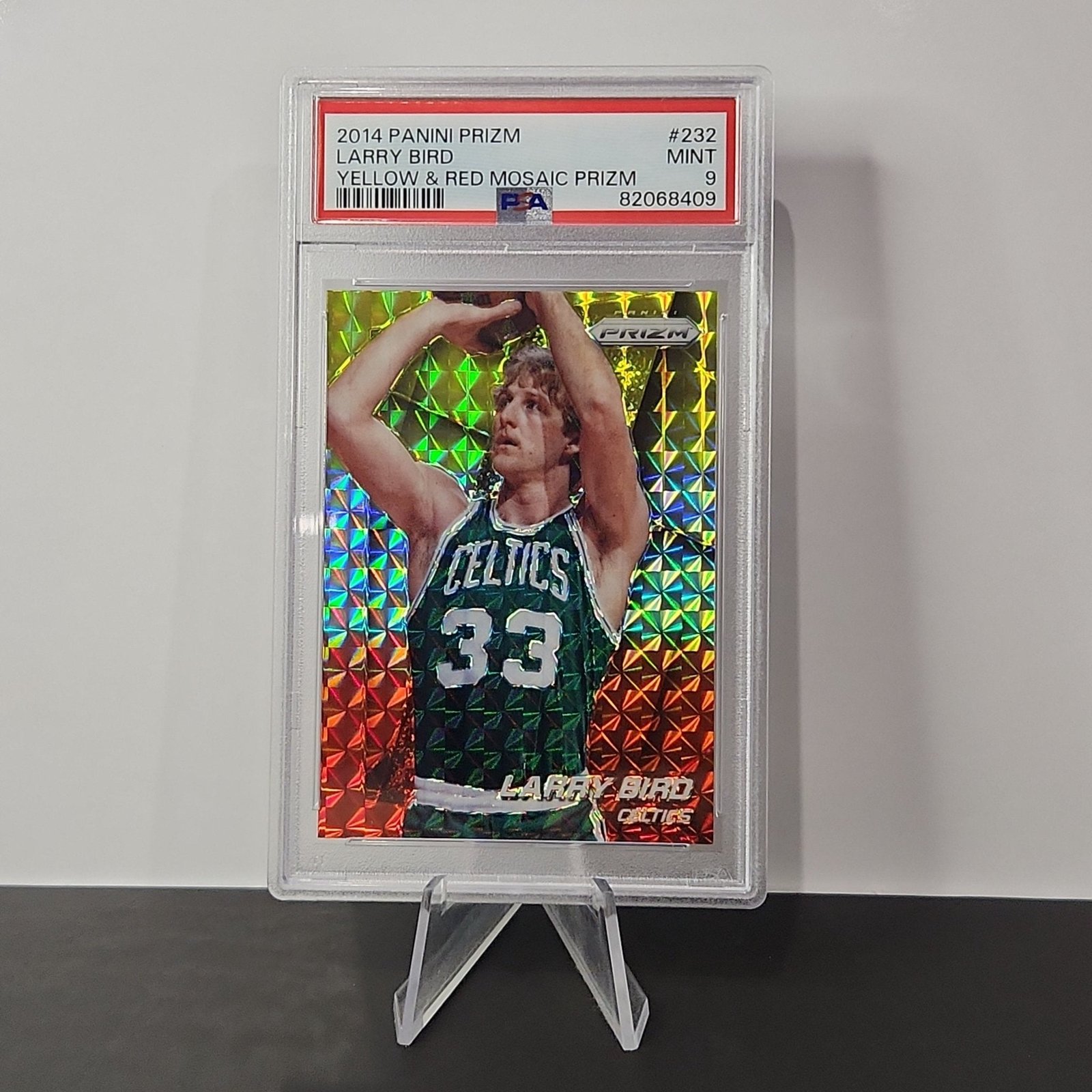 Larry Bird 2014/15 Prizm Yellow & red Mosaic Prizm **PSA MINT 9**